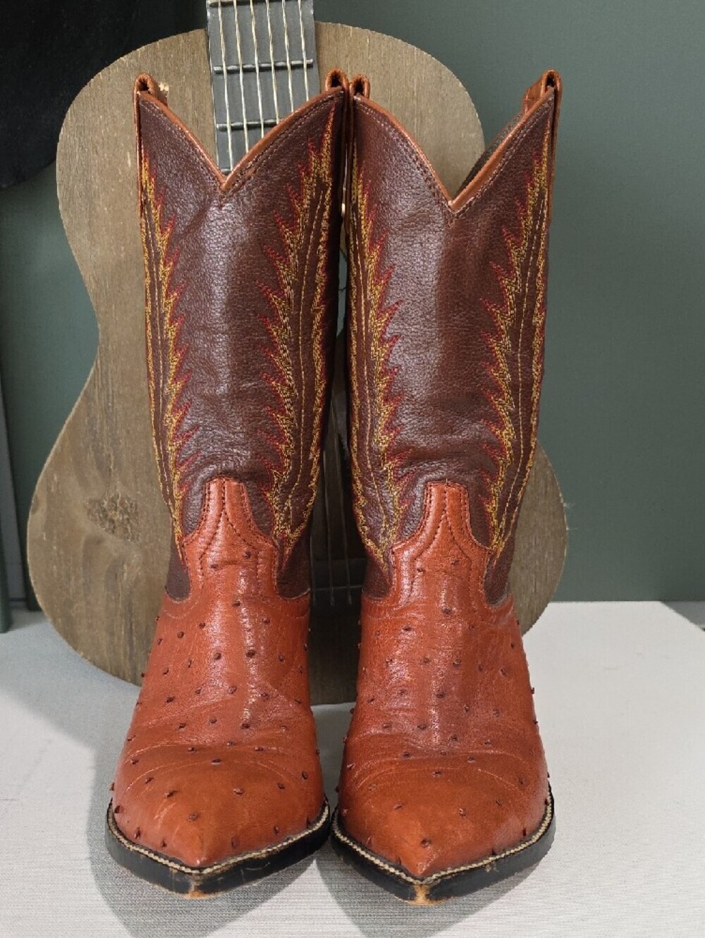 Vintage Banda Vaquera B&V Full Quill Ostrich Leather Cowboy Boots Cognac Brown